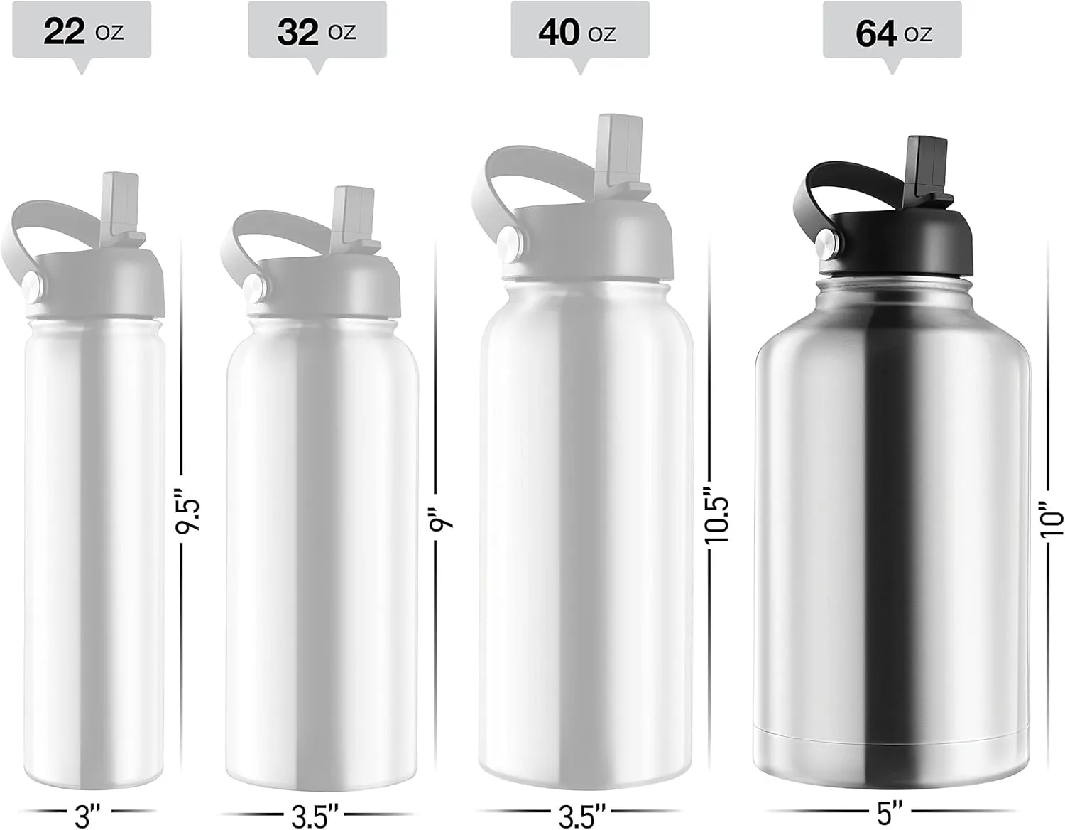 64 oz Insulated Water Bottle With Straw, Half Gallon Stainless Steel Sports Water Flask Jug with 3 Lids (Straw, Spout, and Handle Lid), Large Metal Thermal Cup Mug, Stainless Steel