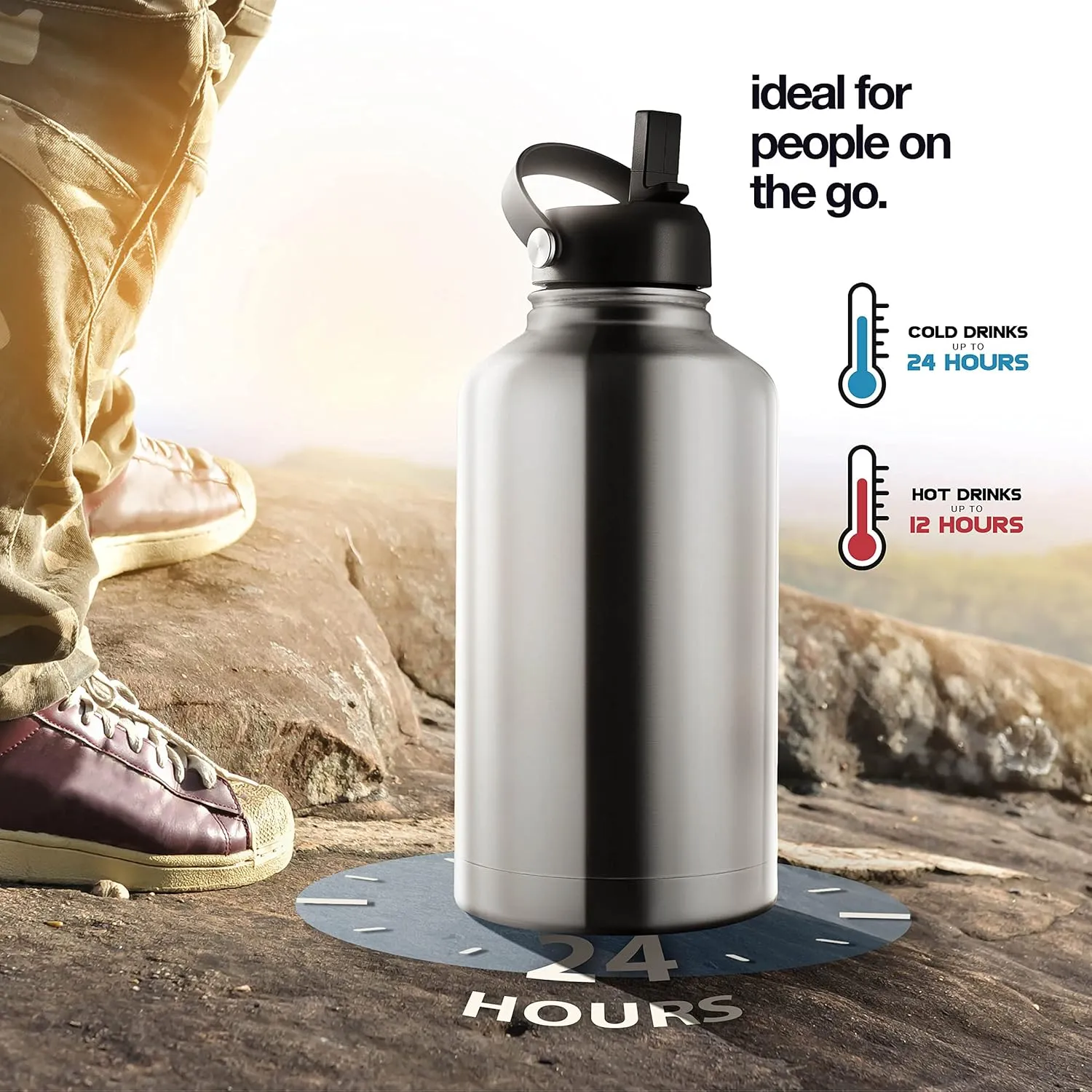 64 oz Insulated Water Bottle With Straw, Half Gallon Stainless Steel Sports Water Flask Jug with 3 Lids (Straw, Spout, and Handle Lid), Large Metal Thermal Cup Mug, Stainless Steel