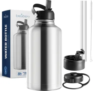 64 oz Insulated Water Bottle With Straw, Half Gallon Stainless Steel Sports Water Flask Jug with 3 Lids (Straw, Spout, and Handle Lid), Large Metal Thermal Cup Mug, Stainless Steel