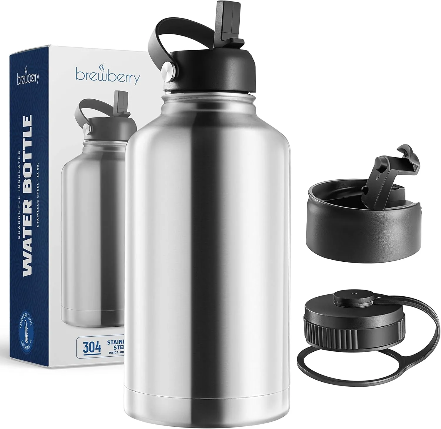 64 oz Insulated Water Bottle With Straw, Half Gallon Stainless Steel Sports Water Flask Jug with 3 Lids (Straw, Spout, and Handle Lid), Large Metal Thermal Cup Mug, Stainless Steel