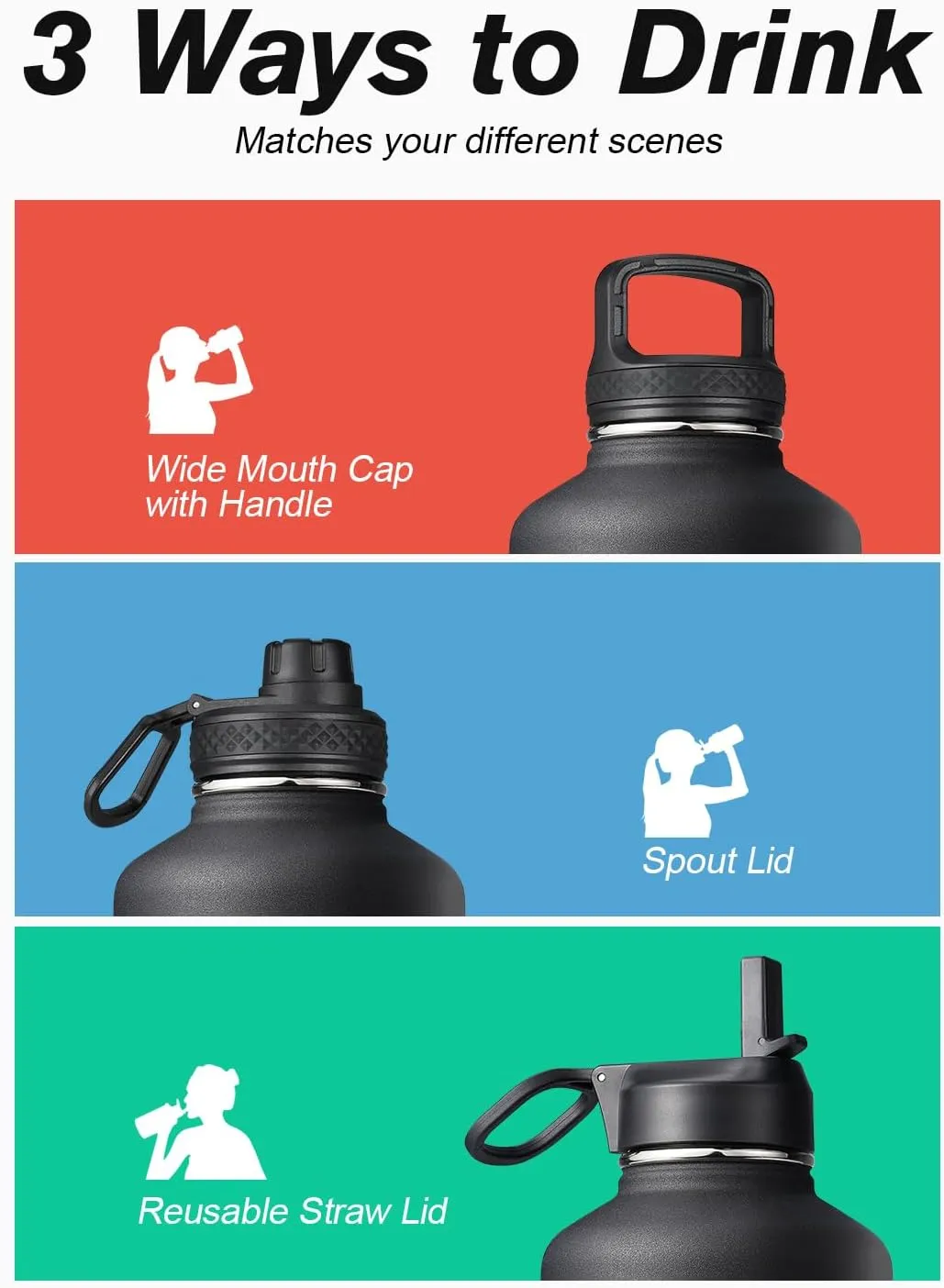 64 oz Water Bottle Insulated with Straw & 3 Lids, Coolflask Large Metal Stainless Steel Water Jug Big Half Gallon Wide Mouth for Sports, Gym or Office, Non-BPA Keep Cold 48H Hot 24H, Magic Black