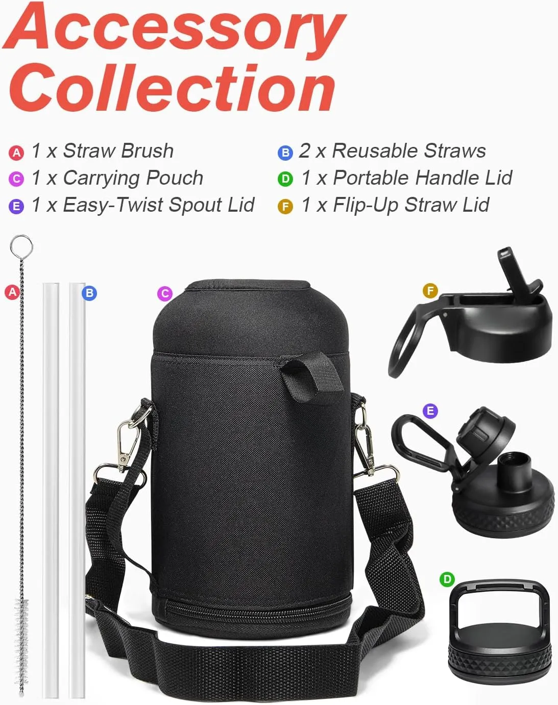 64 oz Water Bottle Insulated with Straw & 3 Lids, Coolflask Large Metal Stainless Steel Water Jug Big Half Gallon Wide Mouth for Sports, Gym or Office, Non-BPA Keep Cold 48H Hot 24H, Magic Black