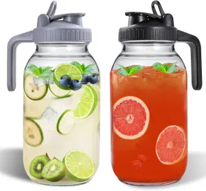 64oz Glass Pitchers with Lid and Spout, 2 Quart Mason Jar Pitchers, Wide Mouth Jar Leak-proof Water Jug for Water, Juice, Milk, Tea, Iced Coffee, and Drinks, 2 Packs.