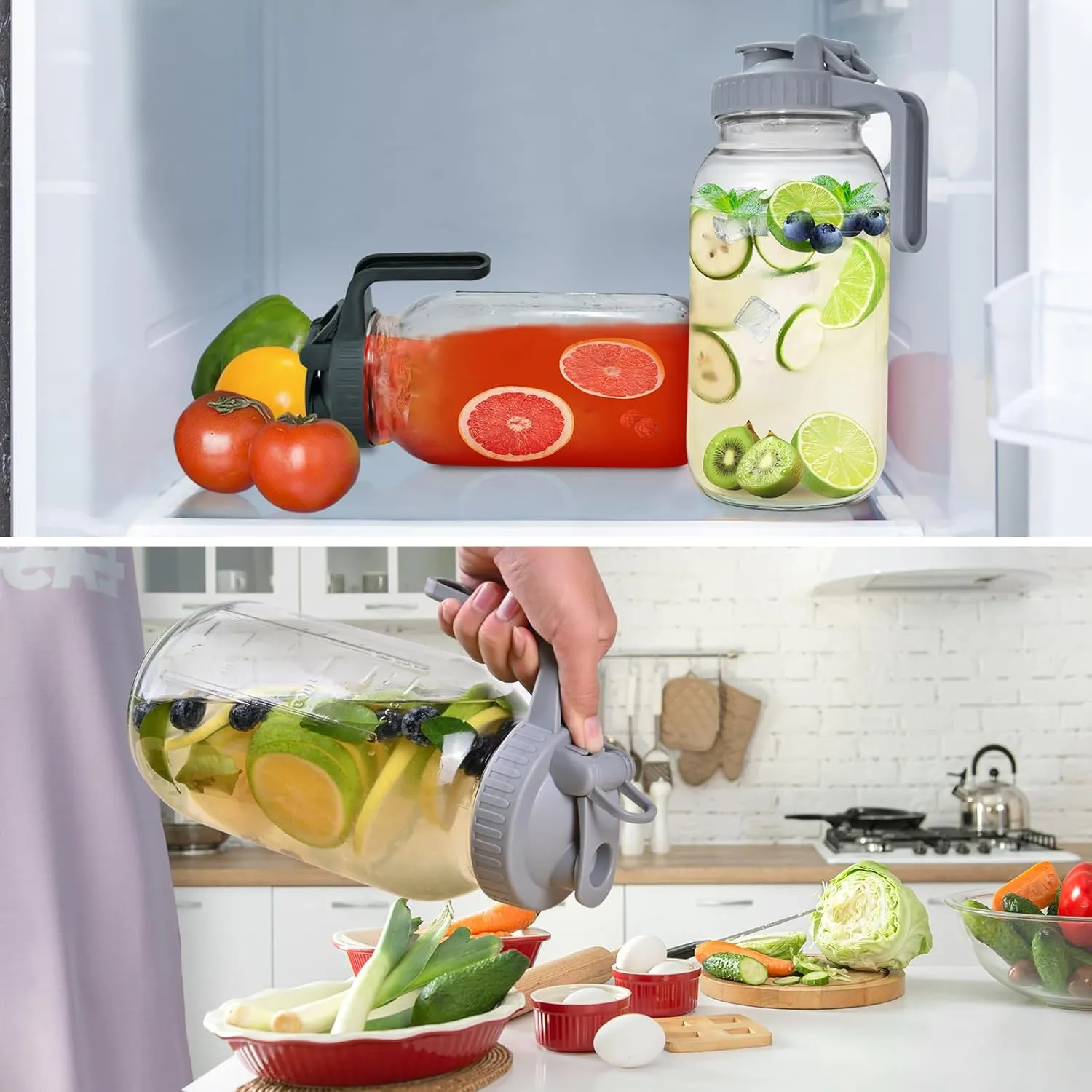 64oz Glass Pitchers with Lid and Spout, 2 Quart Mason Jar Pitchers, Wide Mouth Jar Leak-proof Water Jug for Water, Juice, Milk, Tea, Iced Coffee, and Drinks, 2 Packs.