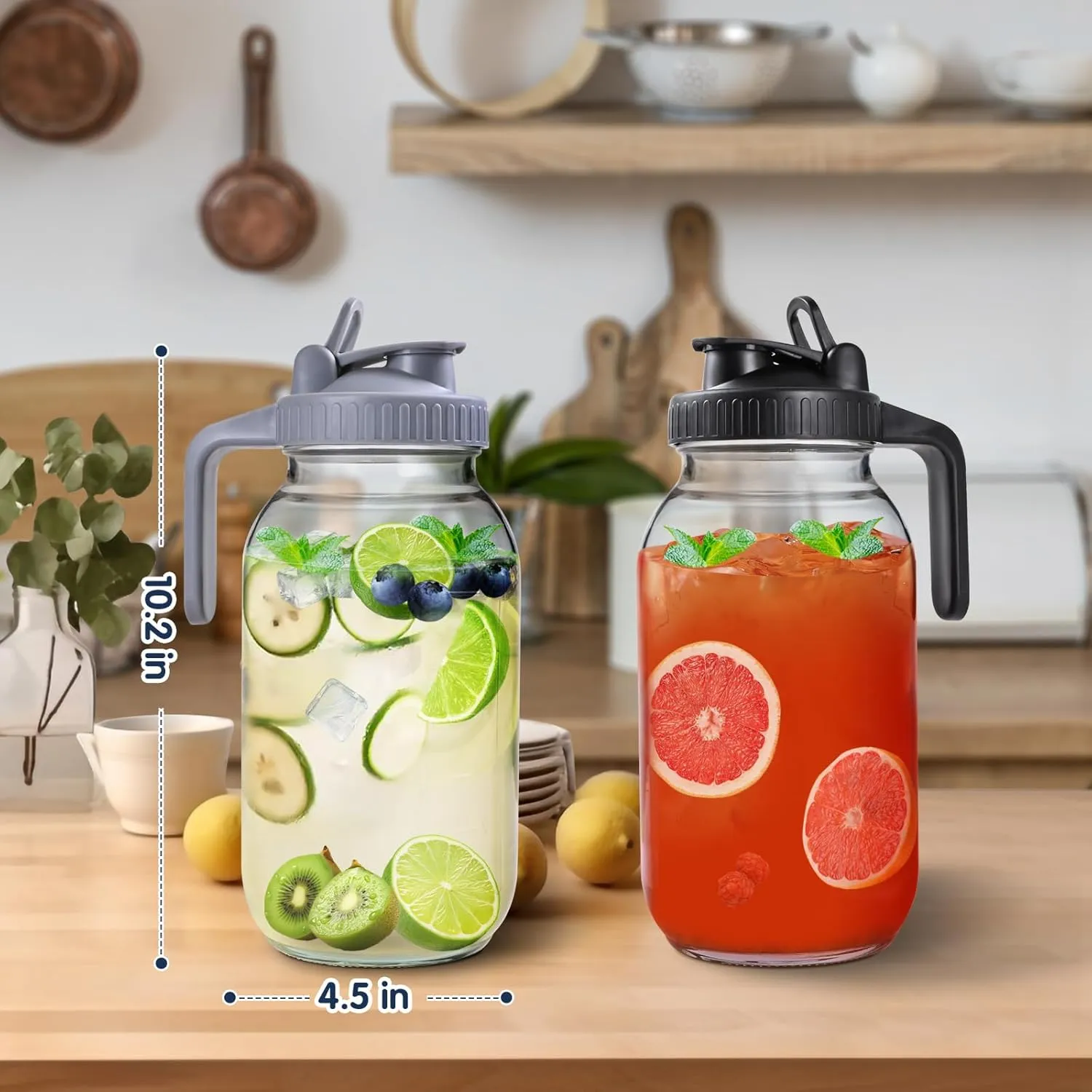 64oz Glass Pitchers with Lid and Spout, 2 Quart Mason Jar Pitchers, Wide Mouth Jar Leak-proof Water Jug for Water, Juice, Milk, Tea, Iced Coffee, and Drinks, 2 Packs.
