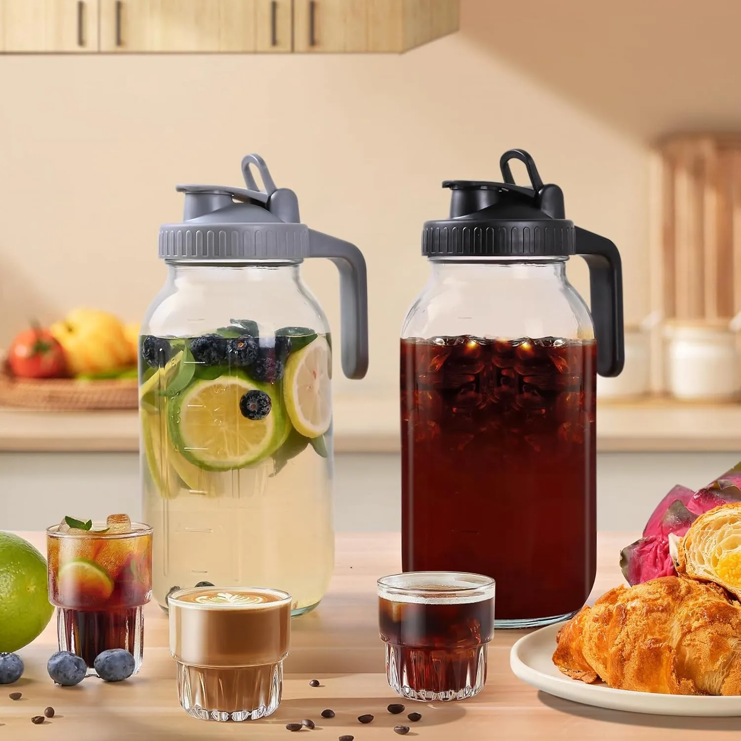 64oz Glass Pitchers with Lid and Spout, 2 Quart Mason Jar Pitchers, Wide Mouth Jar Leak-proof Water Jug for Water, Juice, Milk, Tea, Iced Coffee, and Drinks, 2 Packs.