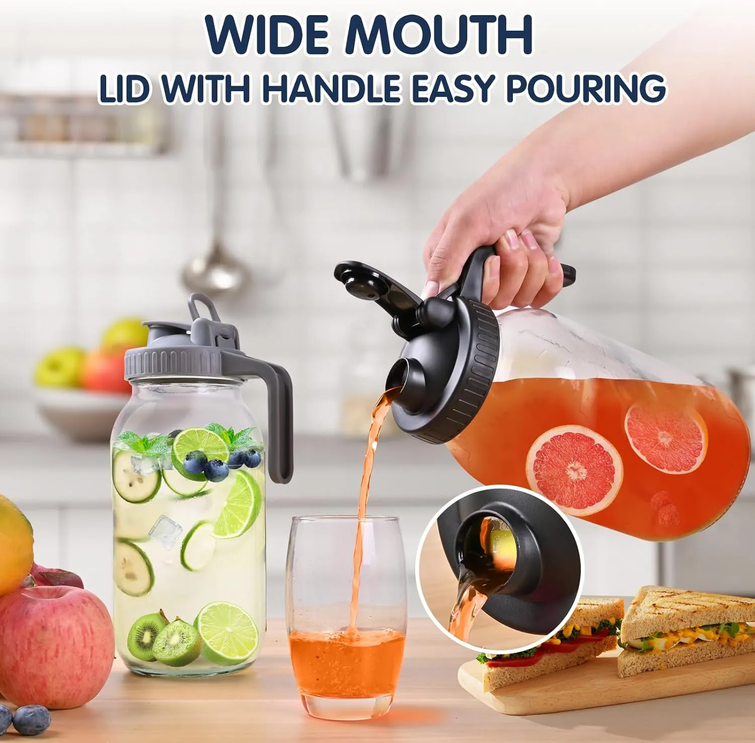 64oz Glass Pitchers with Lid and Spout, 2 Quart Mason Jar Pitchers, Wide Mouth Jar Leak-proof Water Jug for Water, Juice, Milk, Tea, Iced Coffee, and Drinks, 2 Packs.