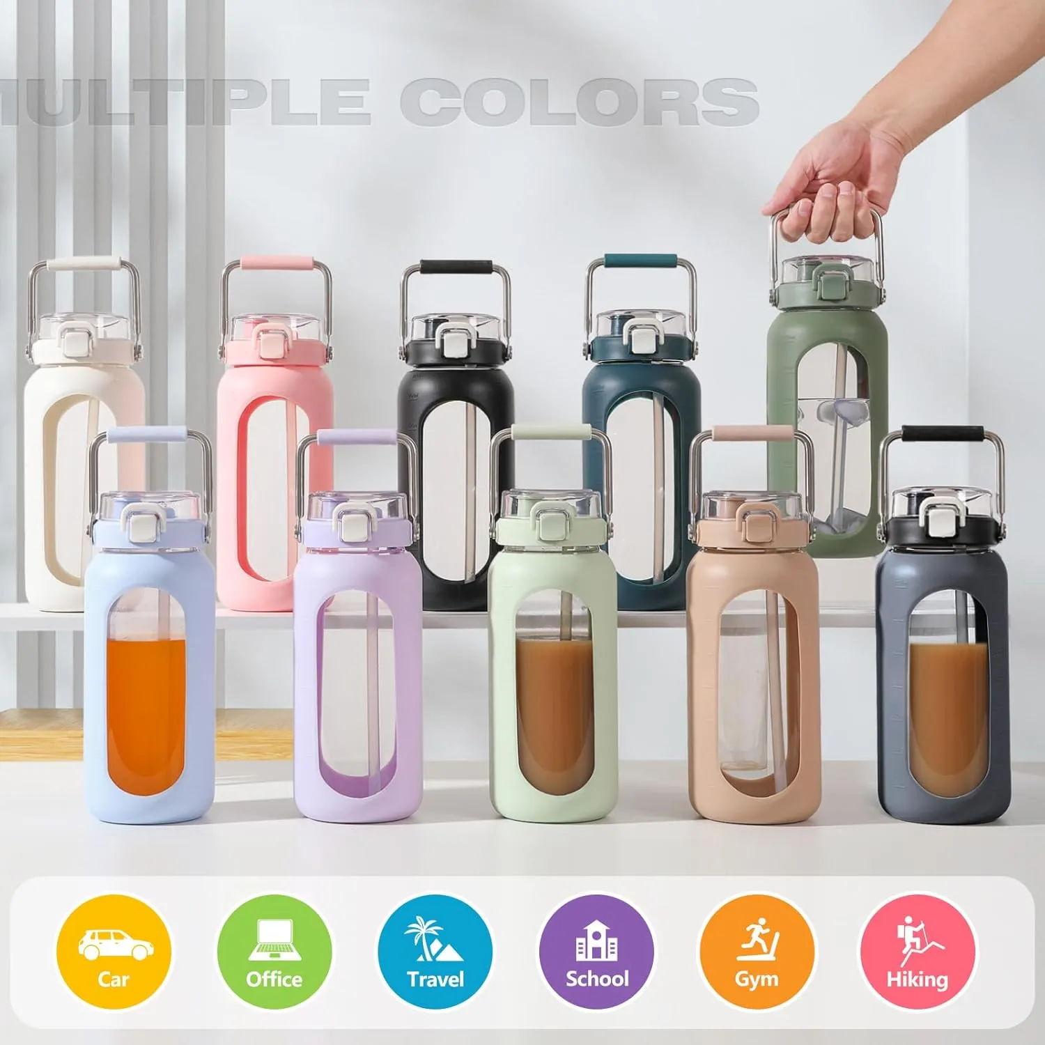 64oz Glass Water Bottle with Straw and Stainless Steel Handle, Half Gallon Motivational Bottle with Silicone Sleeve and Time Marker, Dark Blue