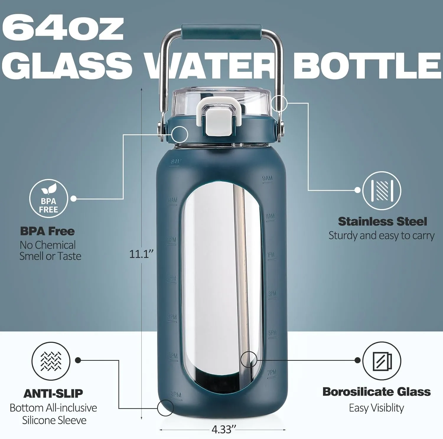 64oz Glass Water Bottle with Straw and Stainless Steel Handle, Half Gallon Motivational Bottle with Silicone Sleeve and Time Marker, Dark Blue