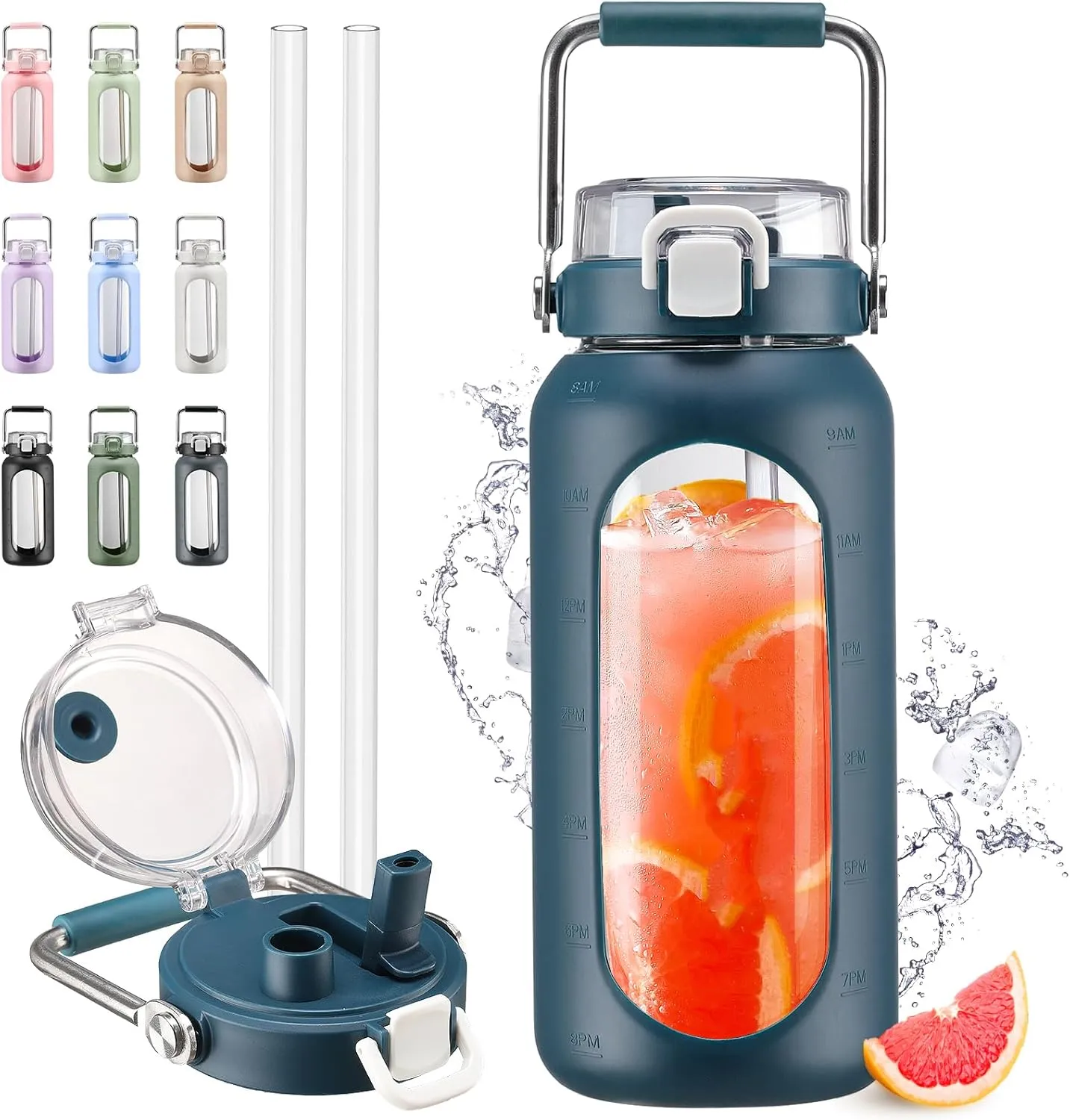 64oz Glass Water Bottle with Straw and Stainless Steel Handle, Half Gallon Motivational Bottle with Silicone Sleeve and Time Marker, Dark Blue