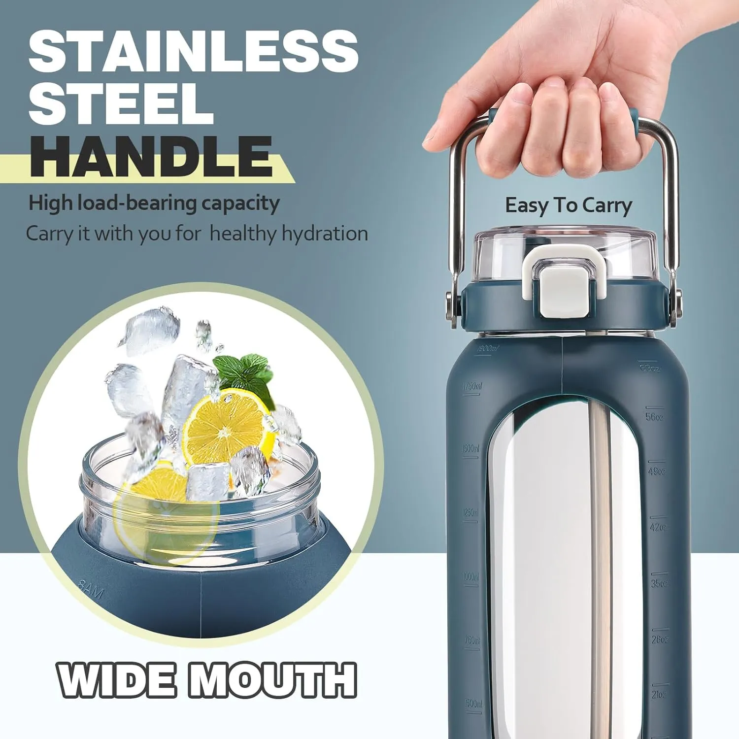 64oz Glass Water Bottle with Straw and Stainless Steel Handle, Half Gallon Motivational Bottle with Silicone Sleeve and Time Marker, Dark Blue