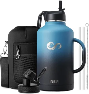64oz Water Bottle Insulated with Straw & 2 Lids, INSPI Double Wall Vacuum Stainless Steel Metal Large Jug with Handle, Wide Mouth Flask Mug with Carry Pouch, Keep Cold Hot for Travel, Indigo Black