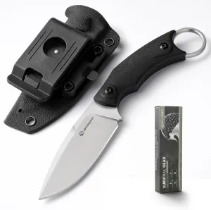 6.92" Small Fixed Blade Knife SSH-A with Rotating Clip (360° Adjustable Belt Clip), D2 Steel Full Tang Survival Horizontal Carry Knife with Kydex Sheath, Silver Blade – Black Micarta Handle