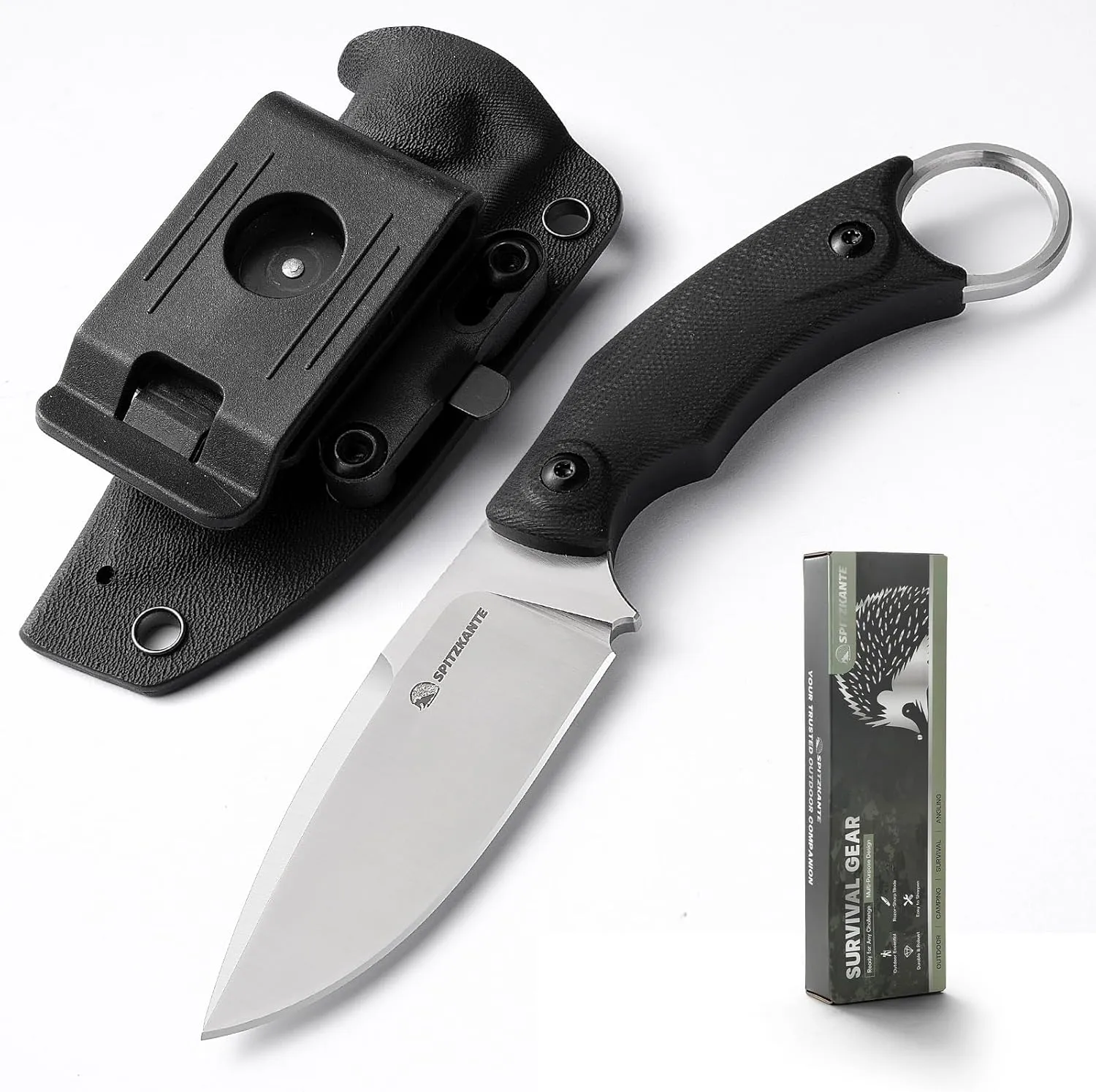 6.92" Small Fixed Blade Knife SSH-A with Rotating Clip (360° Adjustable Belt Clip), D2 Steel Full Tang Survival Horizontal Carry Knife with Kydex Sheath, Silver Blade – Black Micarta Handle