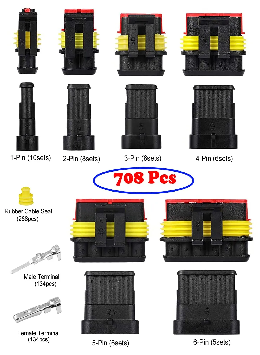 708Pcs Waterproof Automotive Electrical Connector Terminals Wire Connector Plug Kit 1/2/3/4/5/6 Pin (43Sets)