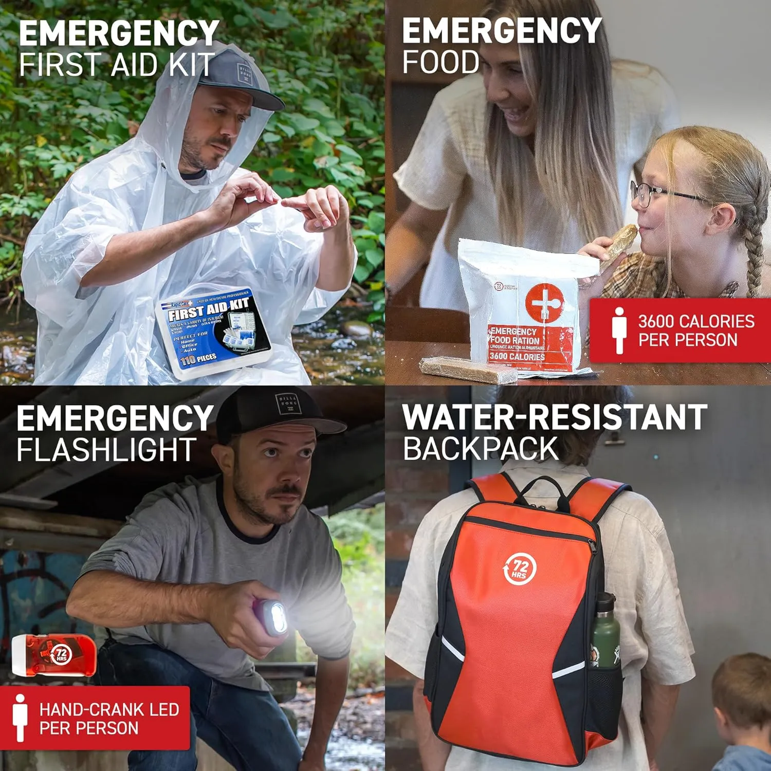 72 HRS Essential Emergency Survival Kit - Heavy Duty 72 Hour Bug Out Bag Survival Kit for Earthquake, Hurricane, Tsunami, Winter, Blackout - Include Emergency First Aid Kit, Water, Food (Red 1 Person)