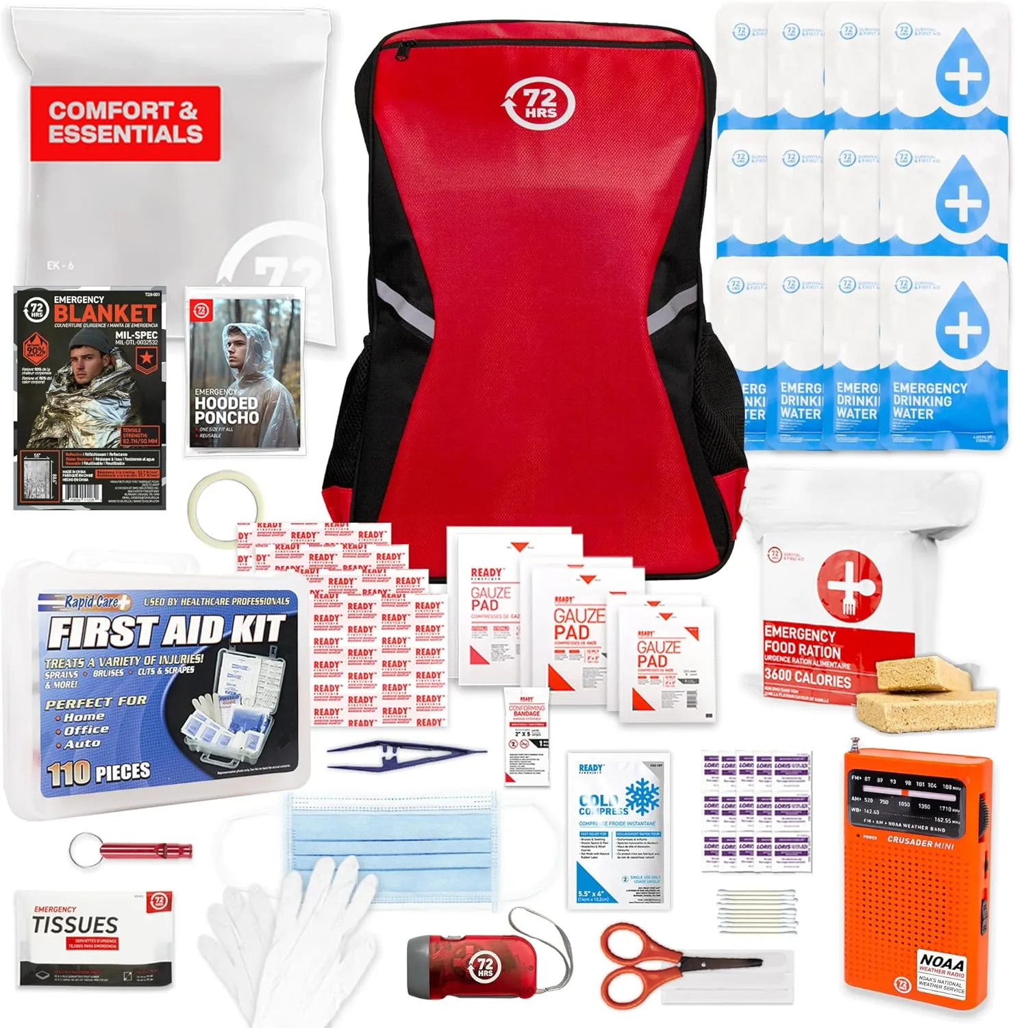 72 HRS Essential Emergency Survival Kit - Heavy Duty 72 Hour Bug Out Bag Survival Kit for Earthquake, Hurricane, Tsunami, Winter, Blackout - Include Emergency First Aid Kit, Water, Food (Red 1 Person)