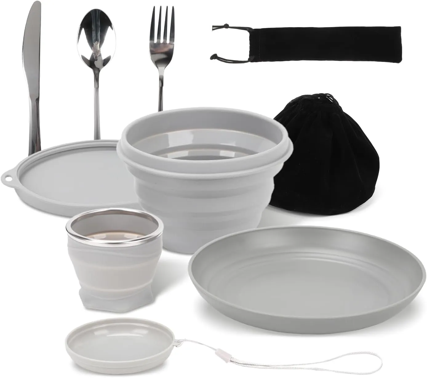7pcs/Set Camping Mess Kit - Foldable Camping Utensils, Portable Travel Silverware Set with Silicone Cup, Silicone Bowl, Plastic Plate, Stainless Steel Tableware, Camping Mess Kit for 1 Person