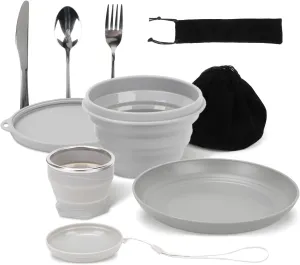 7pcs/Set Camping Mess Kit - Foldable Camping Utensils, Portable Travel Silverware Set with Silicone Cup, Silicone Bowl, Plastic Plate, Stainless Steel Tableware, Camping Mess Kit for 1 Person