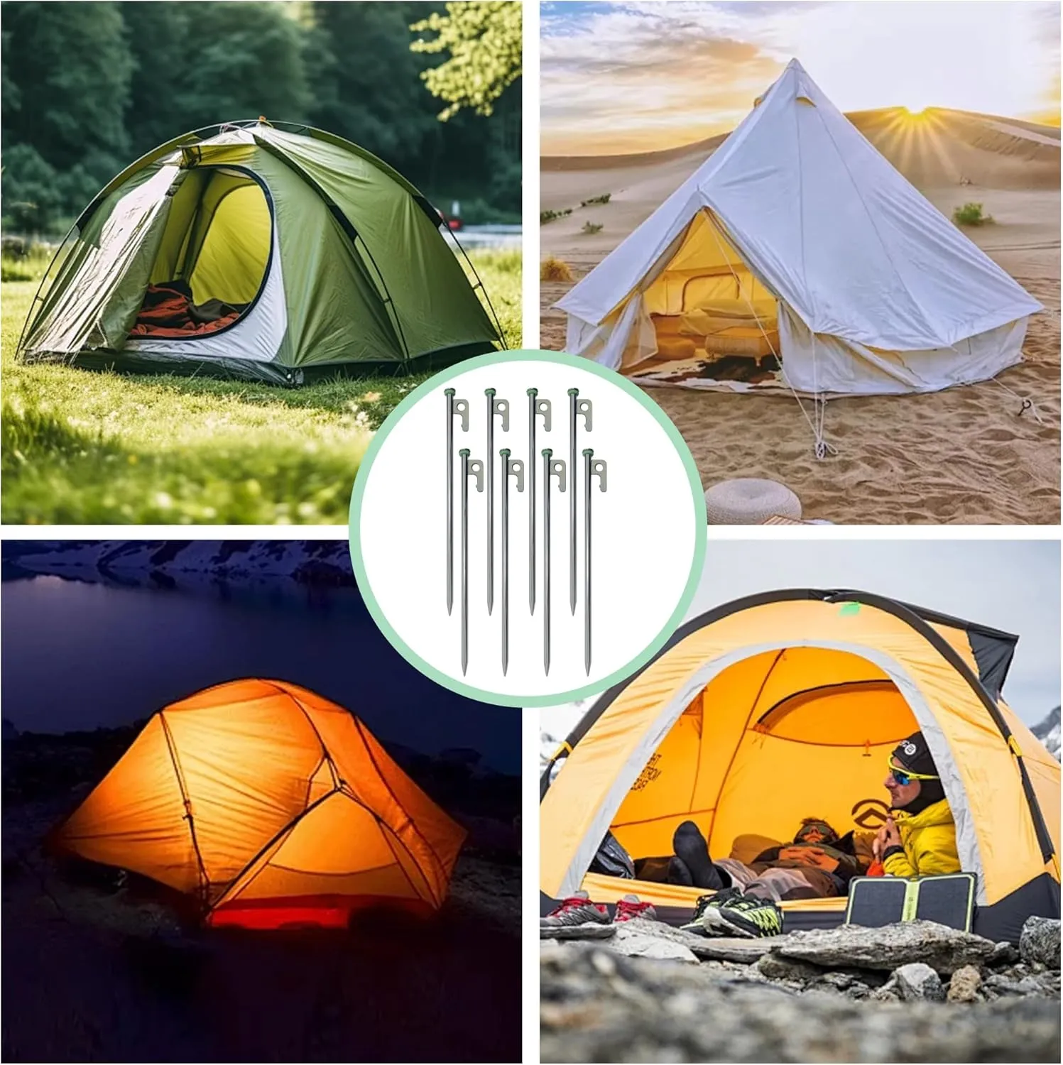 8 PCS Tent Stakes & Hammer Kit， Heavy Duty Metal Tent Pegs for Camping Steel Tent Stakes(Silver)