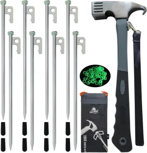 8 PCS Tent Stakes & Hammer Kit， Heavy Duty Metal Tent Pegs for Camping Steel Tent Stakes(Silver)
