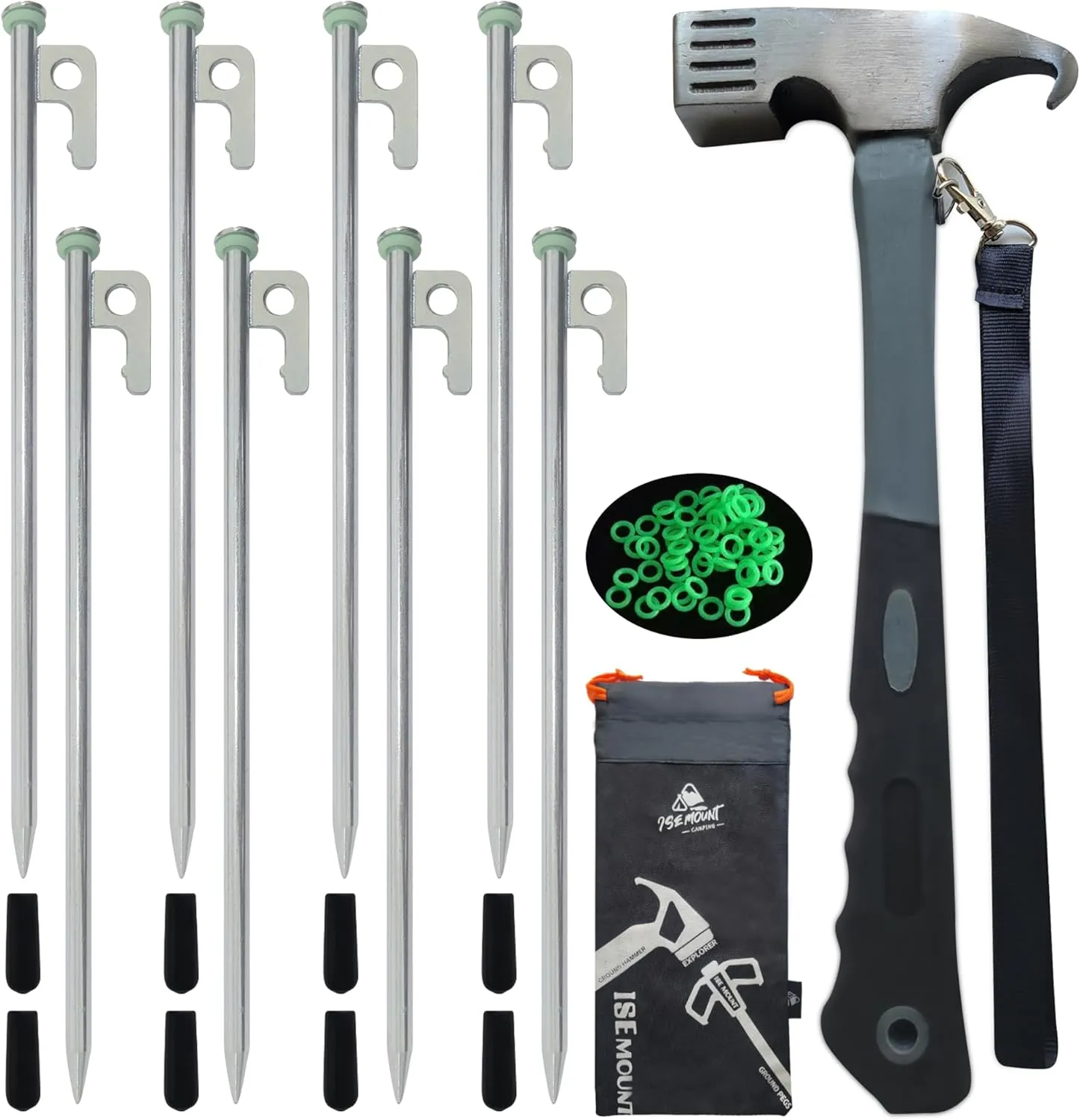 8 PCS Tent Stakes & Hammer Kit， Heavy Duty Metal Tent Pegs for Camping Steel Tent Stakes(Silver)