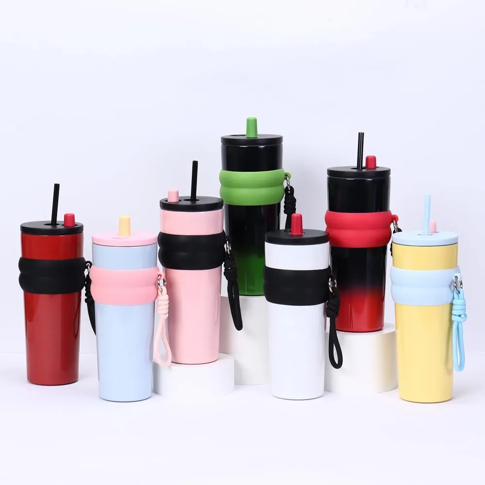 800ml Large Capacity 304 Stainless Steel Insulated Water Bottle, Portable Outdoor Straw Cup, Non-Slip, Leak-Proof, Car Cup (Blue&Pink)