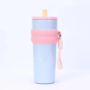 800ml Large Capacity 304 Stainless Steel Insulated Water Bottle, Portable Outdoor Straw Cup, Non-Slip, Leak-Proof, Car Cup (Blue&Pink)