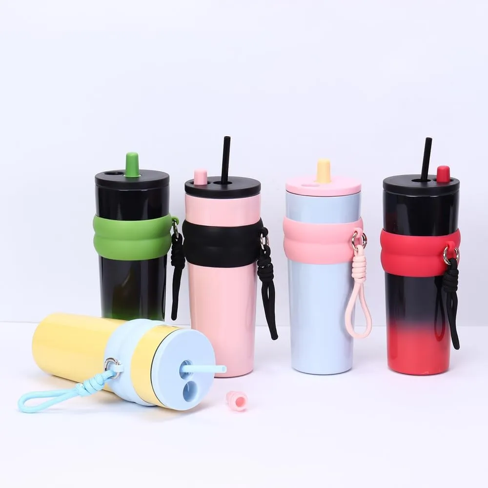 800ml Large Capacity 304 Stainless Steel Insulated Water Bottle, Portable Outdoor Straw Cup, Non-Slip, Leak-Proof, Car Cup (Blue&Pink)
