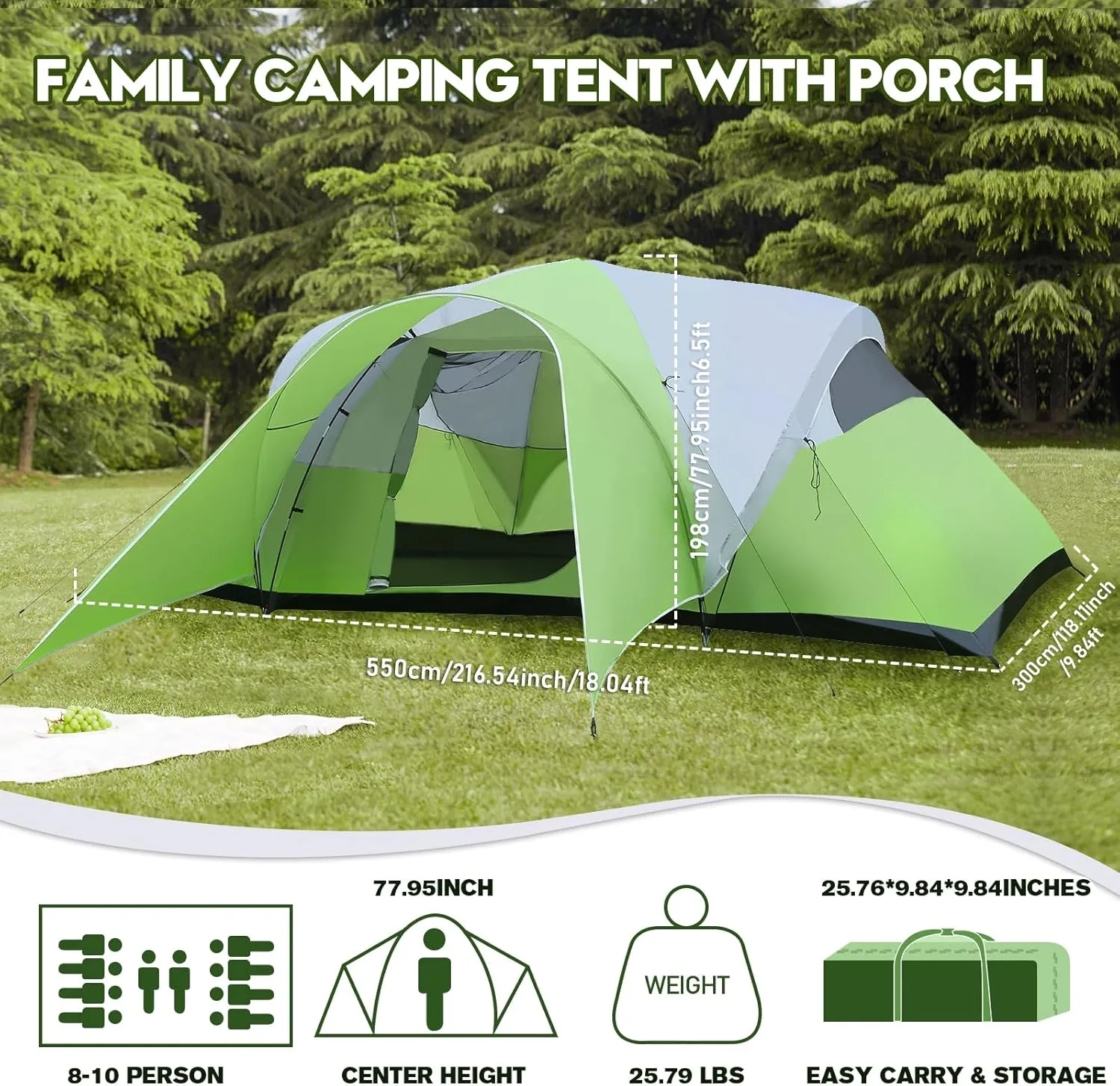 8/10 Person Camping Tent with Porch, Large Family Tents for Camping Includes Rainfly & Carry Bag, Easy Setup Dome Tents for Outdoor Camping Picnic Backyard