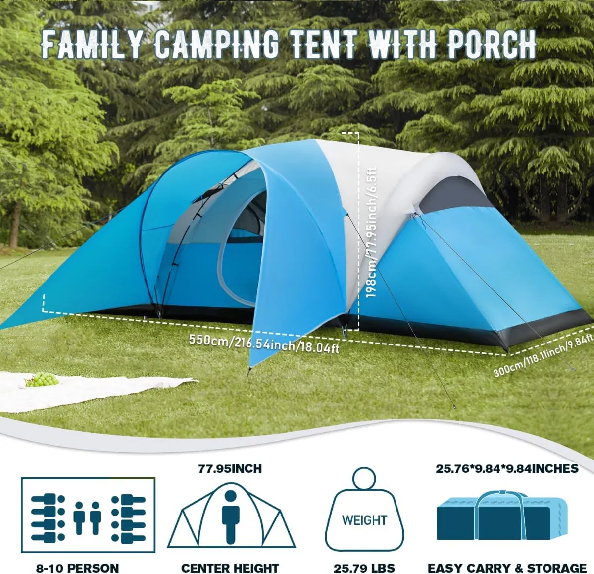 8/10 Person Camping Tent with Porch, Large Family Tents for Camping Includes Rainfly & Carry Bag, Easy Setup Dome Tents for Outdoor Camping Picnic Backyard