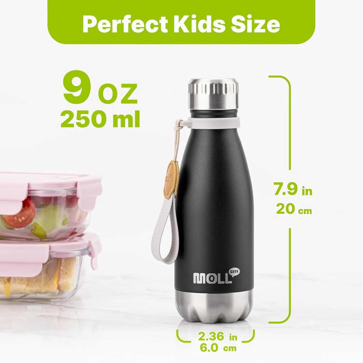 9 oz Water Bottle Stainless Steel Double Wall Vacuum Insulated Sports Water Bottle for Kids, Small Mini Cola Shape Water Bottle Leak Proof (Black-Silver)