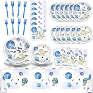 98 PCS First Trip Around The Sun Birthday Party Tableware Set Outer Space Themed Decorations 1st Space Birthday Dinner Paper Plates Boho Solar System Tablecloth Napkins Forks Sun Theme Party Supplies