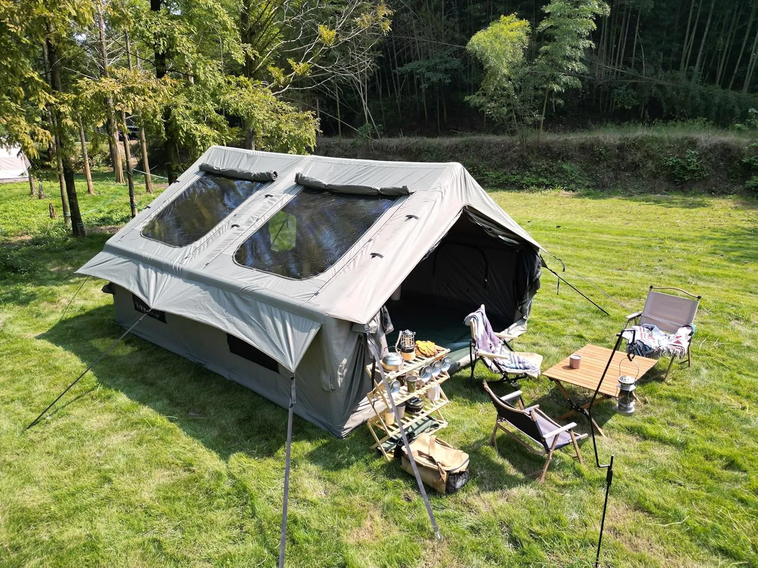 9.8 x13ft Inflatable Camping Tents with Hand Pump, Air Glamping Tents, Easy Setup Waterproof and Windproof Blow up Tent, 4 Seasons Oxford Cabin Tent with Mesh & Chimney Window. Army Green