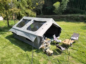 9.8 x13ft Inflatable Camping Tents with Hand Pump, Air Glamping Tents, Easy Setup Waterproof and Windproof Blow up Tent, 4 Seasons Oxford Cabin Tent with Mesh & Chimney Window. Army Green