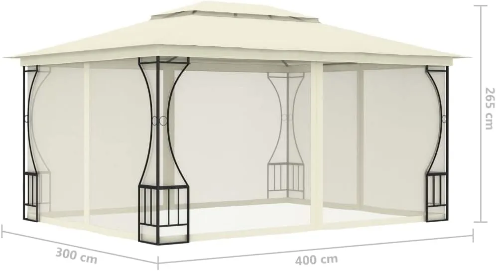 9.8x13.1x8.7ft Cream Steel Frame Gazebo with Mesh Nets Outdoor Canopy Tent for Backyard Parties Camping Patio Furniture