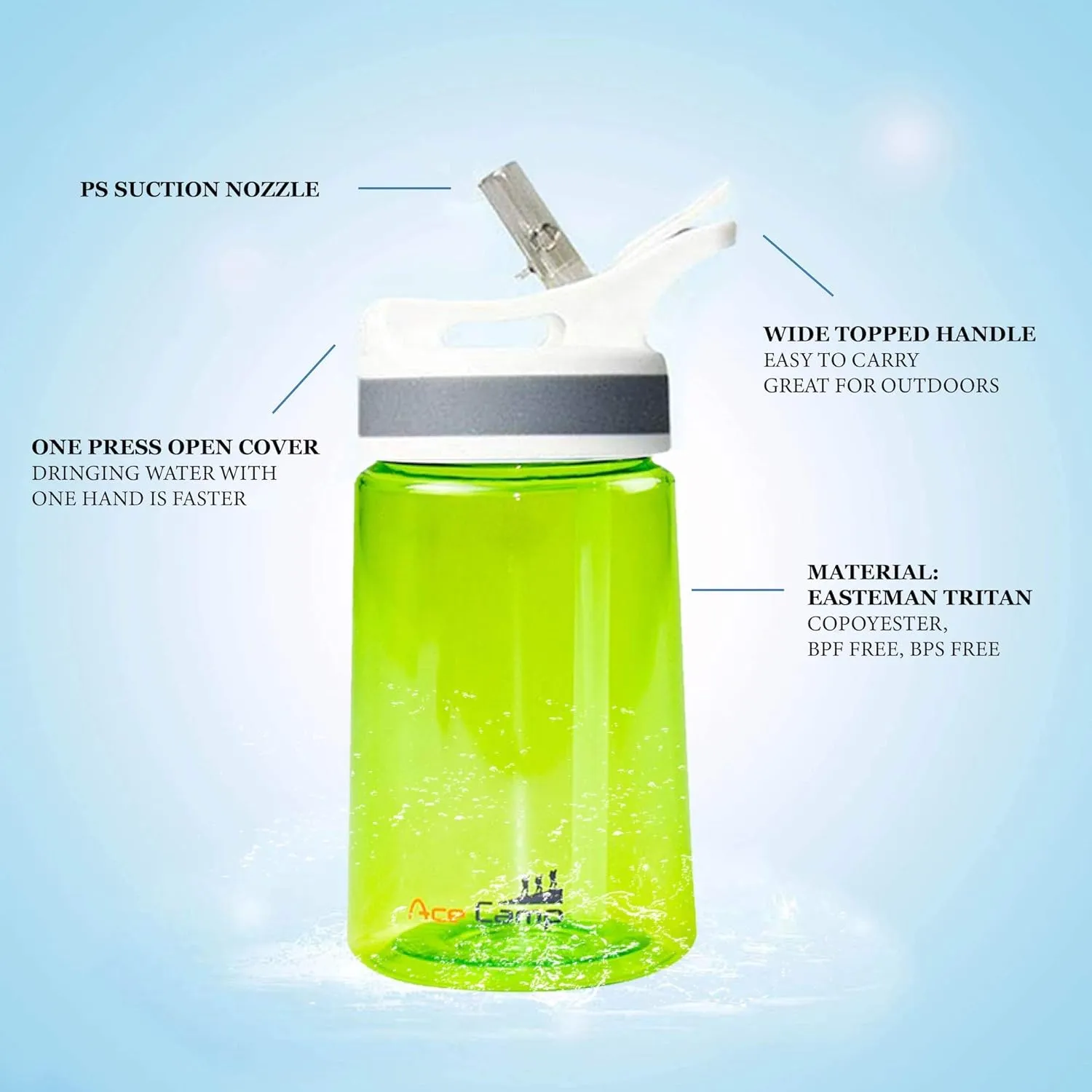 AceCamp TRITAN Portable Water Bottle for Kids, Toddlers, Adults, Odor & BPA-Free Leakproof Plastic Water Bottle, Hiking, Camping, School, Outdoors (12oz/20oz/27oz)