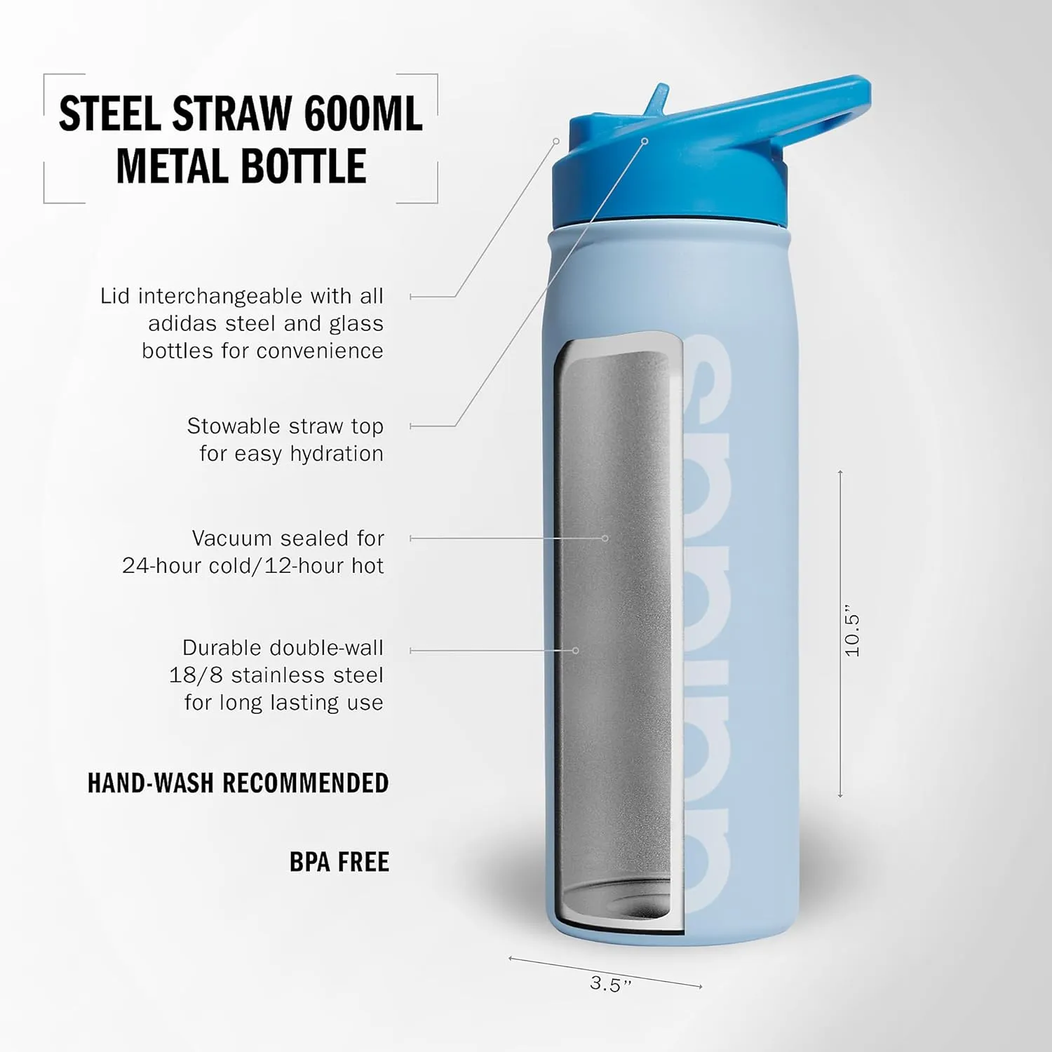 adidas 600 ML (20 oz) Straw Top Metal Water Bottle, Hot/Cold Double-Walled Insulated 18/8 Stainless Steel