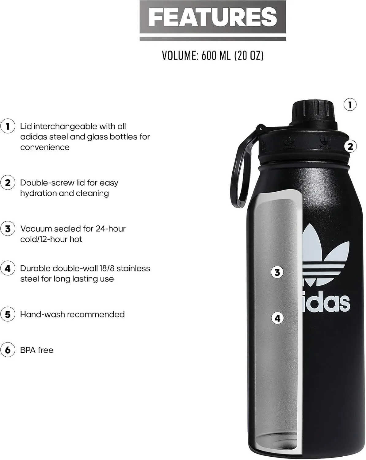 adidas Originals 1 Liter (32 oz) Metal Water Bottle, Hot/Cold Double-Walled Insulated 18/8 Stainless Steel