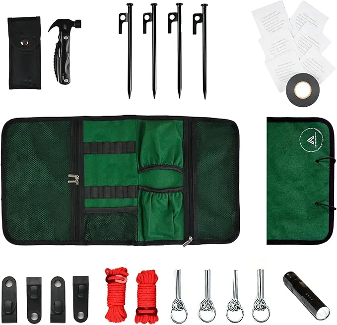 Adventfortis USA: 25 Piece Ultimate Summer Camping Essentials kit, Fully Equiped Tent Repair kit, Heavy Duty Tent Stakes, Multifunction Camping Hammer, Repair Patches.