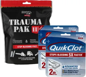 Adventure Medical Kits Trauma Pak III with QuikClot & QuikClot Gauze 3" x 2’ - Medical Kit with Gloves, Gauze, Dressing & More - First Aid Kit Includes QuikClot Dressing - Supplies for Wound Care