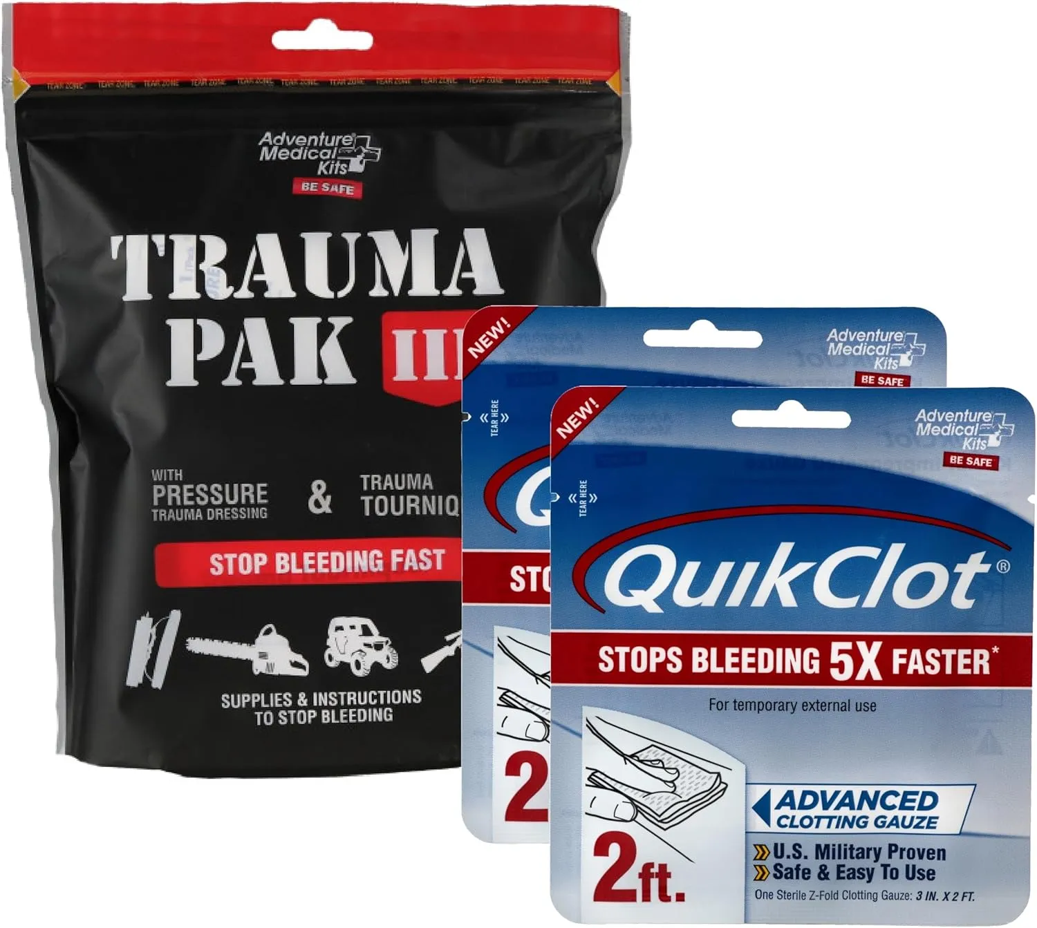 Adventure Medical Kits Trauma Pak III with QuikClot & QuikClot Gauze 3" x 2’ - Medical Kit with Gloves, Gauze, Dressing & More - First Aid Kit Includes QuikClot Dressing - Supplies for Wound Care