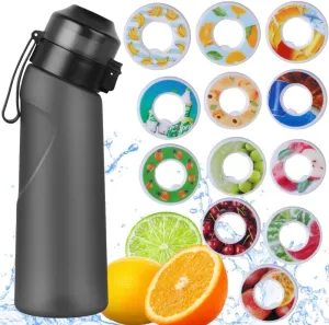 Air scent Water Bottle Set with 12 fruit Flavor Pods 22oz 650ML, Sports Scented Flavor Water Bottle BPA Free 0% Sugar Calories (Black)