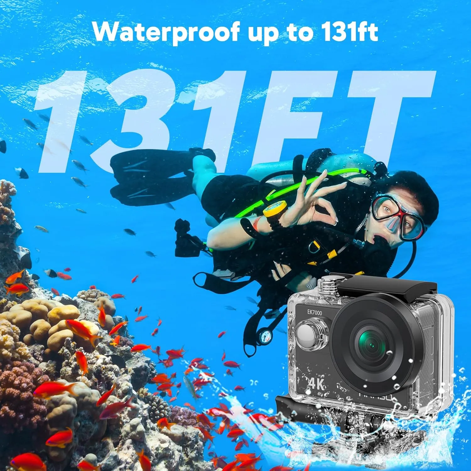 AKASO EK7000 4K30fps Action Camera with 128GB MicroSDXC U3 Memory Card Accessories Kit Bundle Ultra HD 131FT Waterproof Camera EIS WiFi Remote Control 4X Zoom Underwater Camera