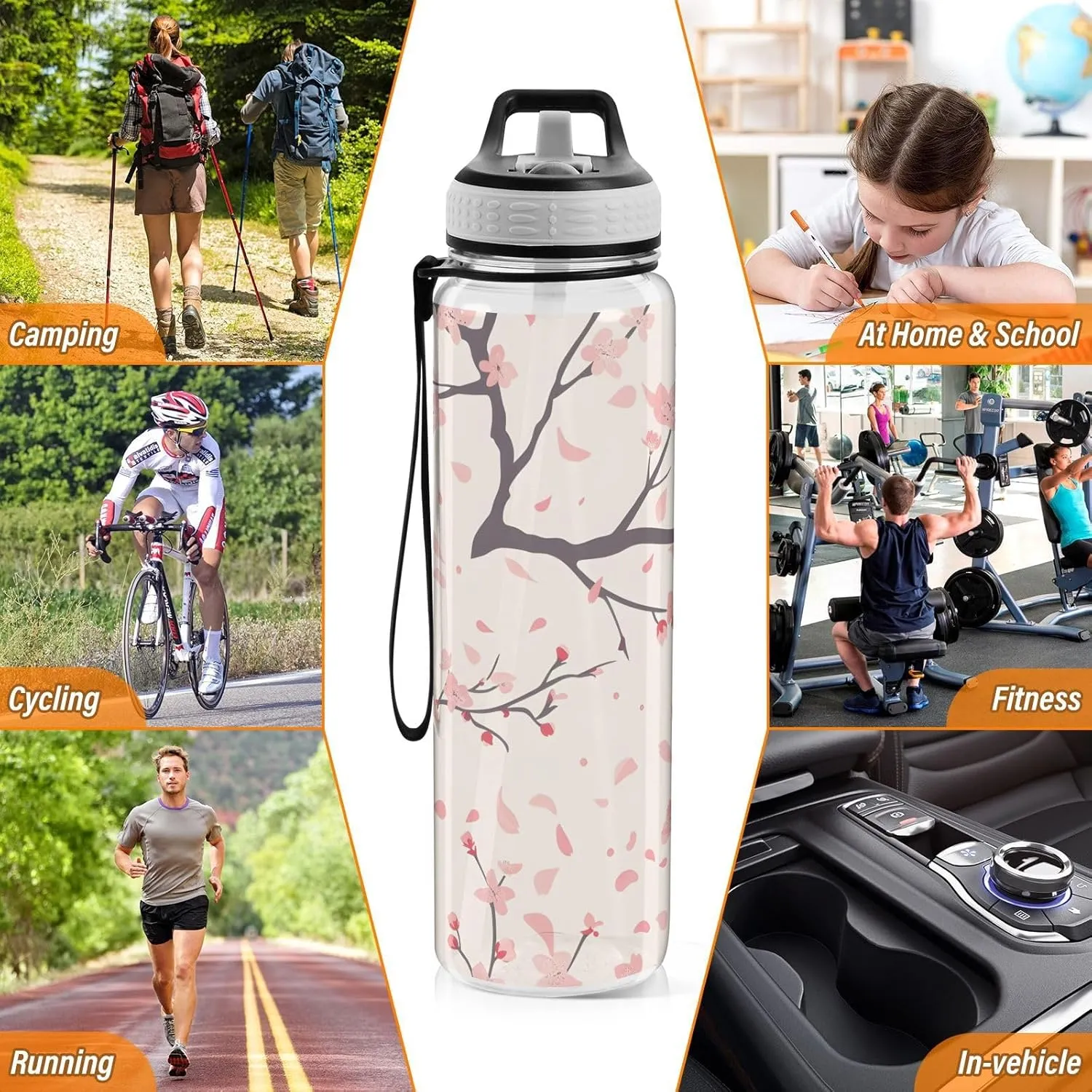 ALAZA Cherry Blossom Flower Sport Water Bottle with Straw Lid 32 oz Clear Bottle BPA Free Tritan Plastic Leakproof Jugs Large Flip Top for Kids Boys Girls