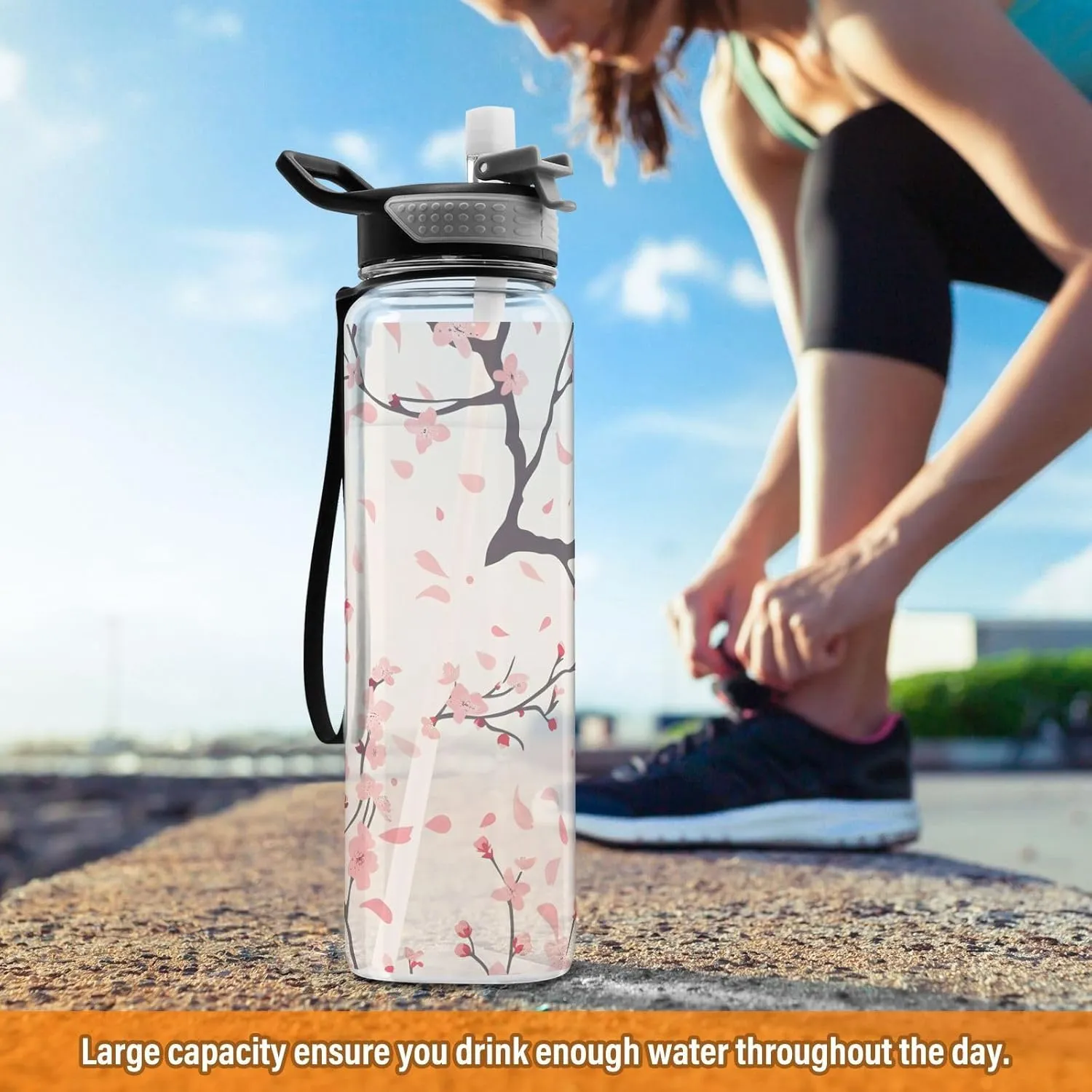 ALAZA Cherry Blossom Flower Sport Water Bottle with Straw Lid 32 oz Clear Bottle BPA Free Tritan Plastic Leakproof Jugs Large Flip Top for Kids Boys Girls
