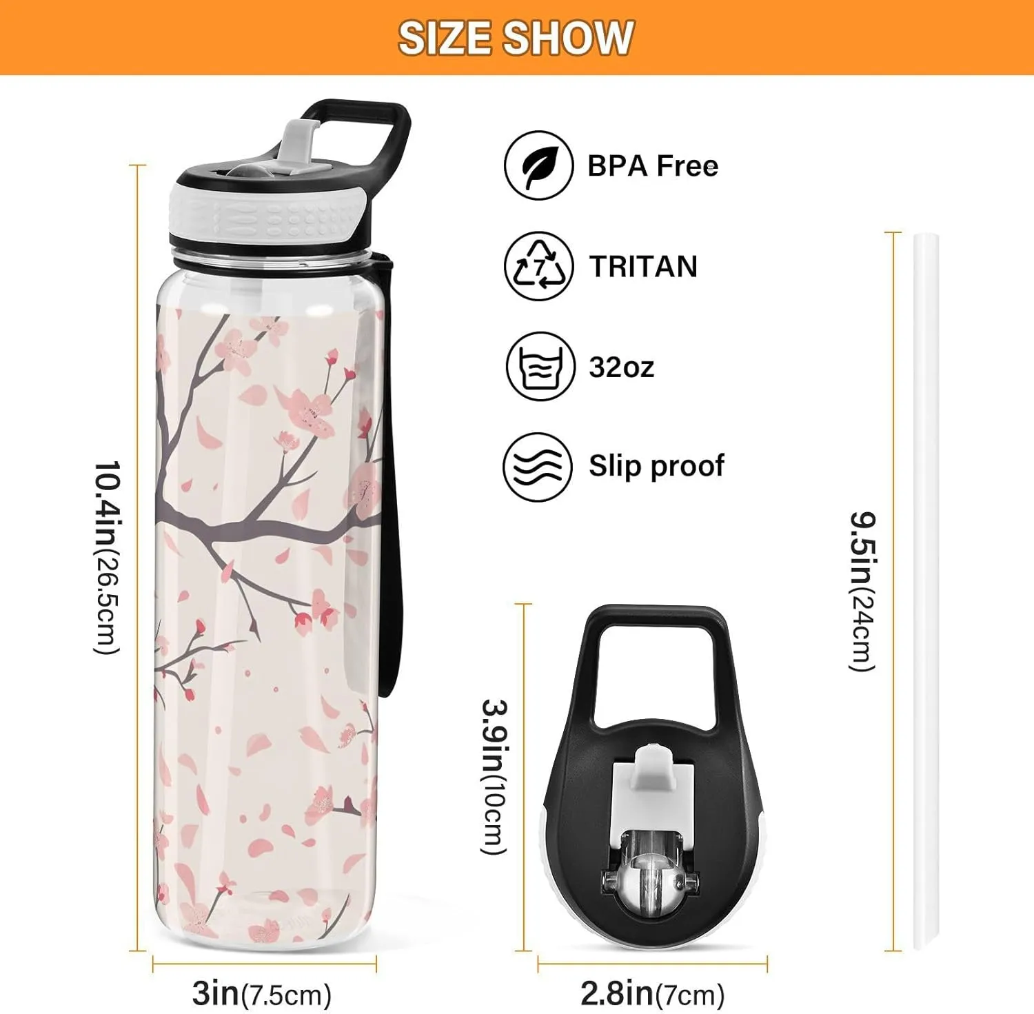 ALAZA Cherry Blossom Flower Sport Water Bottle with Straw Lid 32 oz Clear Bottle BPA Free Tritan Plastic Leakproof Jugs Large Flip Top for Kids Boys Girls