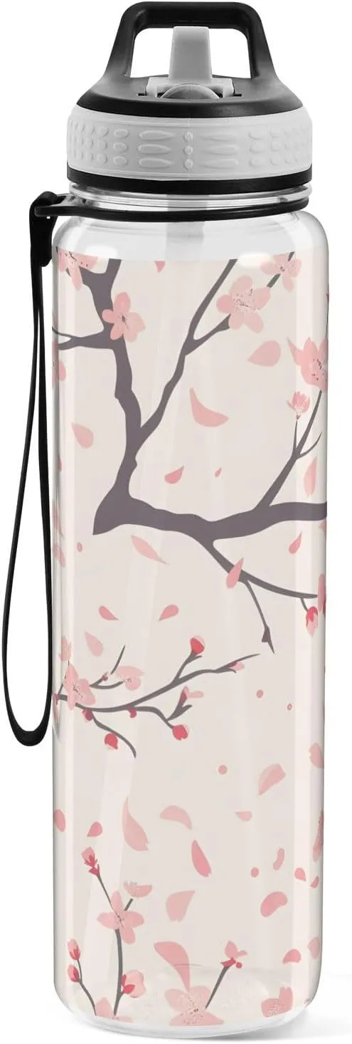 ALAZA Cherry Blossom Flower Sport Water Bottle with Straw Lid 32 oz Clear Bottle BPA Free Tritan Plastic Leakproof Jugs Large Flip Top for Kids Boys Girls
