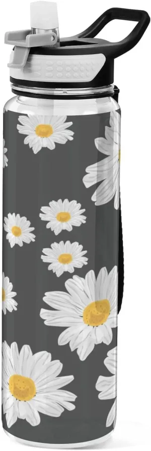ALAZA Daisy Flower Black Background Sport Water Bottle with Straw Lid 32 oz Clear Bottle BPA Free Tritan Plastic Leakproof Jugs Large Flip Top for Kids Boys Girls