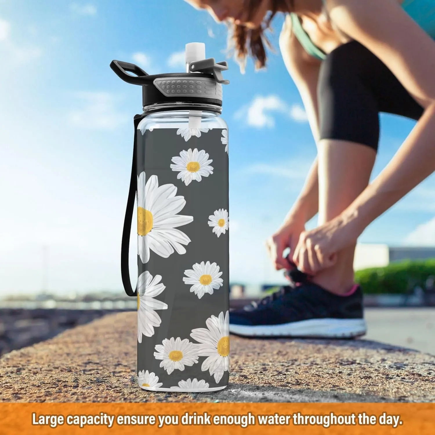 ALAZA Daisy Flower Black Background Sport Water Bottle with Straw Lid 32 oz Clear Bottle BPA Free Tritan Plastic Leakproof Jugs Large Flip Top for Kids Boys Girls